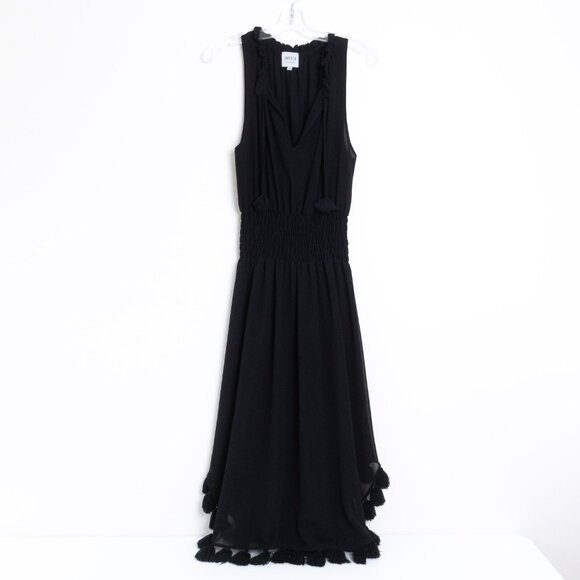 MISA Los Angeles Black Sleeveless Tassel Hem Midi Dress Medium Boho Chic - Picture 2 of 14